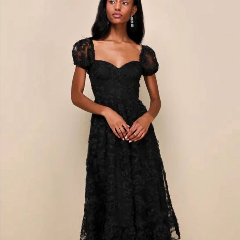 Lulu's Notable Elegance Black Mesh Floral Midi Dress
